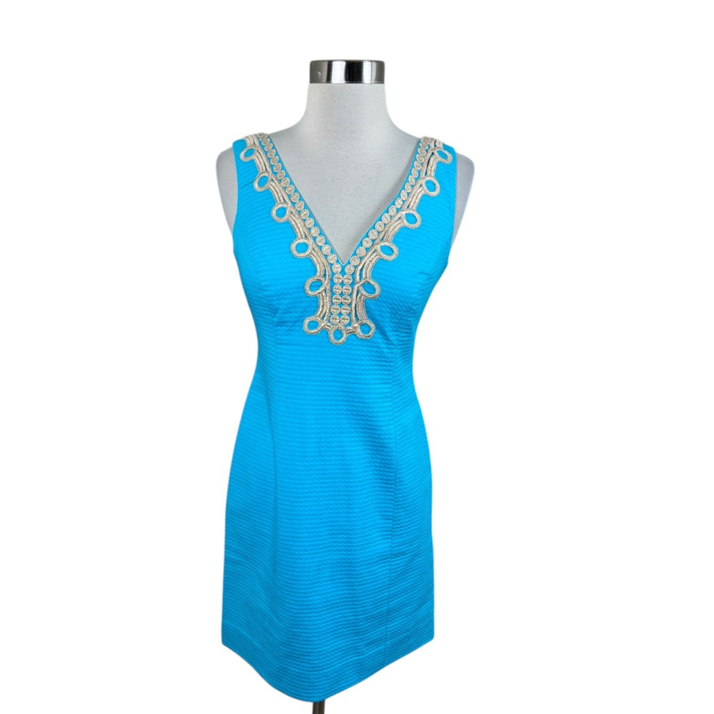 Lilly Pulitzer Janice Soutache Shift Dress Size 0 Blue With Gold Trim Coastal